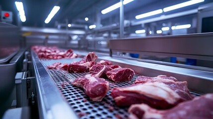 Canvas Print - Side-angle shot of stainless steel meat processing machines, conveyor belts moving cuts of meat, with bright fluorescent lighting reflecting off the clean, polished surfaces