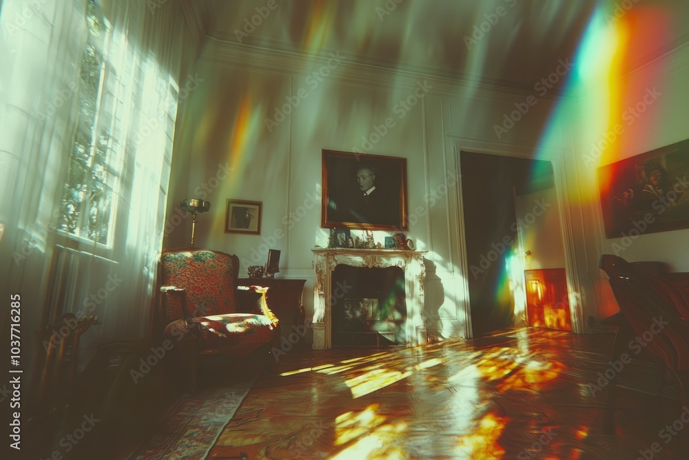 Sunlight streaming through a window into a vintage room, casting ...