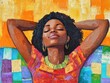 © VRVisionary - Joyful young black woman relaxes on a couch hands behind her head and eyes closed enjoying a moment of tranquility