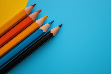 Five colorful pencils arrayed artistically against a blue and yellow background, highlighting creativity and variety.