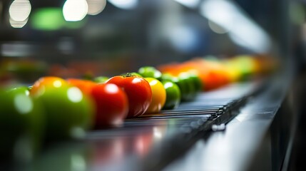 Canvas Print - Close-up of fresh vegetables moving along a conveyor belt, soft factory lighting reflecting off the polished steel surfaces, background blurred to focus on the vibrant green and orange produce.  