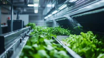 Canvas Print - Side-angle shot of automated vegetable washing and sorting machines, bright fluorescent lights casting reflections off the equipment, with leafy greens and root vegetables moving through the process. 