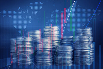 Currency trading. Stacked coins, graphs and world map, toned in blue