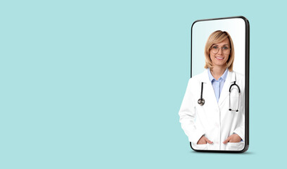 Wall Mural - Online medical consultation. Doctor on smartphone screen against light blue background. Banner design with space for text