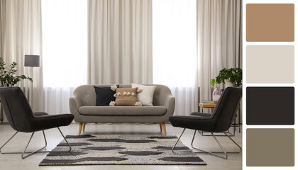 Aufkleber - Stylish living room with comfortable sofa and armchairs near window. Interior design and matching color palette