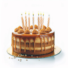 A delicious caramel cake with lit candles, caramel frosting, and drizzle.  The background is white. It evokes joy and celebration.