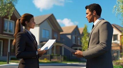 realistic photo of a manager training a businesswoman with handling documents. make the background a townhome neighborhood, AI Generative