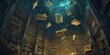 © Ali - Bookshelves with floating books and magical light.