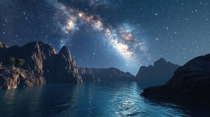 Wall Mural - 3D cartoon rendering of a stunning landscape featuring an arched Milky Way above majestic mountains and a serene blue sea at night during summer The scene showcases a vibrant starry sky with a moo