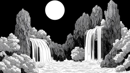 Line art illustration of a waterfall beneath a rock formation featuring a black and white monoline drawing style