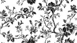 Chinoiserie inspired vintage floral illustration featuring a black and white oriental botanical seamless pattern