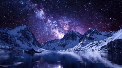 Wall Mural - Bright Milky Way over snow covered mountains and sea at night in winter depicted in a 3D cartoon rendering featuring a landscape with snowy rocks a starry sky and reflections in the water of the f