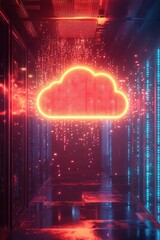 Wall Mural - glowing neon concept of cloud computing, highlighting data storage and network security in the digit