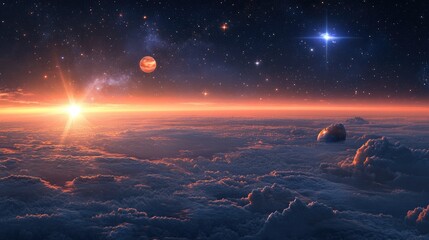 Wall Mural - cartoon rendering in 3d of earth s atmosphere at dawn showcasing stars venus sirius and the solar sy