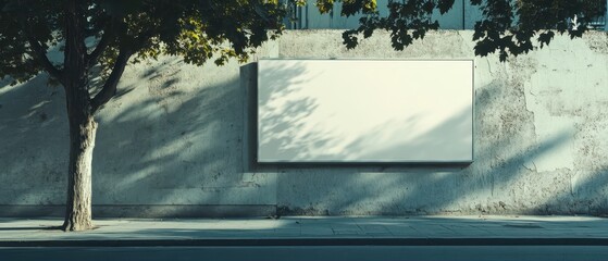 Empty billboard in a quiet urban setting, flanked by two trees casting shadows, ready for outdoor advertising or signage.
