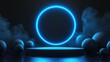 © VRVisionary - Empty dark podium featuring realistic spheres and a neon ring in the background 3D rendered illustration showcasing a dark and blue abstract scene with a glowing blue ring