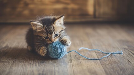 Playful Kitten Engaged with Yarn Ball on Wooden Floor