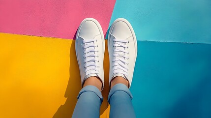 A pair of trendy sneakers displayed on a colorful urban background, leaving room for text