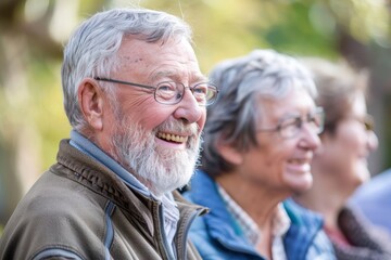 Portrait of happy senior couple smiling in the park. Focus on man