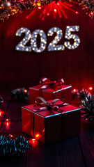 two red gift boxes illuminated by fairy lights the year 2025