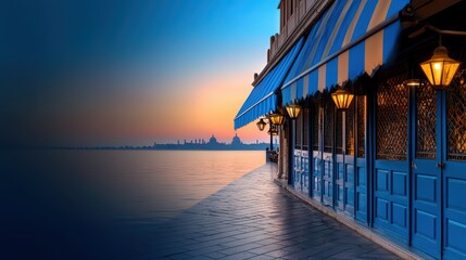 Wall Mural - Charming waterfront cafe at sunset with blue facade and warm lighting.