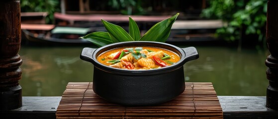 Colorful curry dish in a black pot, garnished with fresh herbs, set against a tranquil water background.