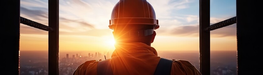 Construction worker watching sunset from a high rise, silhouette against city skyline, impactful industry view.