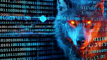 A wolf with glowing eyes is staring at the camera