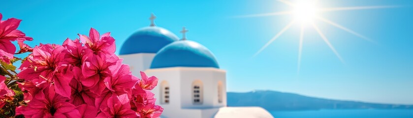 Vibrant bougainvillea flowers beside traditional Greek architecture under a bright sunny sky.