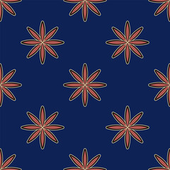 Wall Mural - Seamless floral pattern with red stars of blue background. Folk style. 