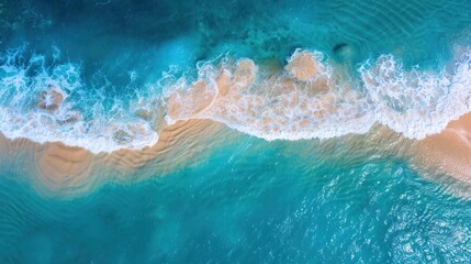 Canvas Print - Aerial View of Turquoise Ocean Waves Crashing on Sandy Beach