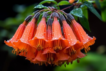 A close-up of the trumpet-shaped flowers of Campsis Radicans, capturing the intricate details and vivid orange hue