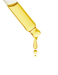 Poster - Essential oil dripping from pipette on white background