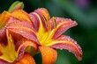 © Thanyarat - A macro shot of Daylily flowers drenched in morning dew, with hyper-realistic details of each water droplet and petal vein