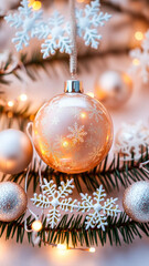 Poster - pink snowflake ornament hanging on a pine branch