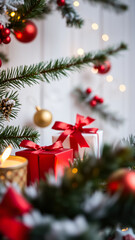 Wall Mural - red white gift box under a festive pine branch