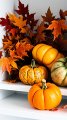 Canvas Print - still life with pumpkins autumn leaves