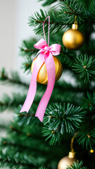 Wall Mural - shiny gold christmas ornament with a pink bow on a pine tree