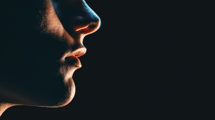 Canvas Print - A striking lowkey portrait highlighting the contours of a male face against a  black backdrop, creating a dramatic effect.