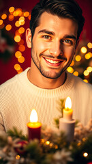 Poster - young man smiles joyfully by lit candles during festive season