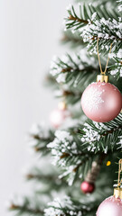 pink ornament decorates a snowy pine branch