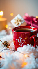 Canvas Print - red mug with a snowflake design nestled fluffy fabric