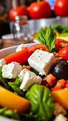 Canvas Print - close- a salad with white cheese tomatoes basil