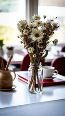 Sticker - dried white flowers a glass vase on a white table