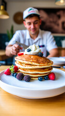 Wall Mural - close- delicious pancakes topped with whipped cream fresh berries