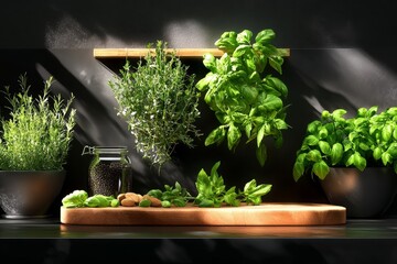 Herbs, illustrated in a rustic kitchen with fresh herbs hanging to dry, surrounded by herbal remedies, supplements, and natural products