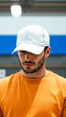 Sticker - young man a white cap an shirt looks down thoughtfully