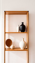 Poster - wooden shelf displayed with white ceramic vases a wooden bowl