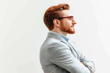 Profile of a confident man in a suit with glasses against a white background.