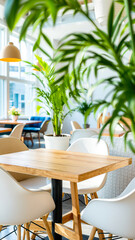 Poster - modern wooden table with white chairs set against a bright background